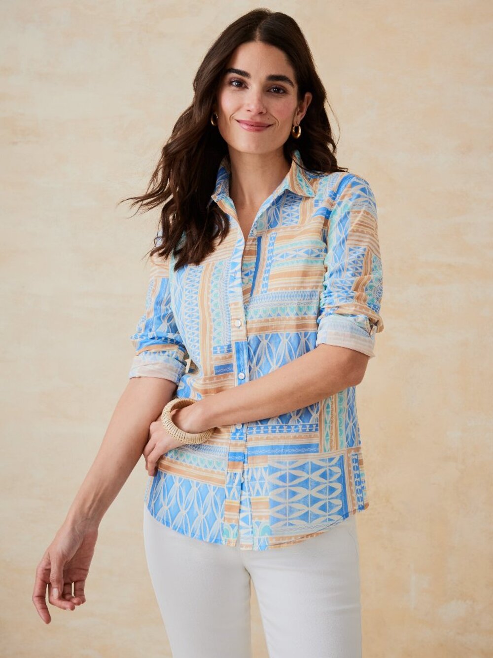 J McLaughlin Lois Shirt in Painted Medley Patch - Blue/Tan NEW